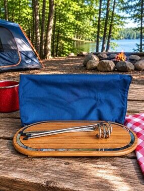 Portable Travel Charcuterie Board Wood Table 4 Wine Glass Stakes Carry Case NEW
